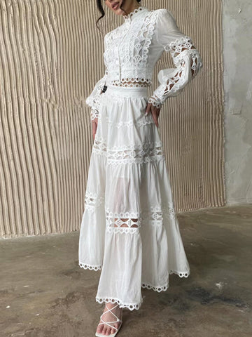 Woochic robe cocktail deux-pièces manches princesse découpes en dentelle style cour blanc S